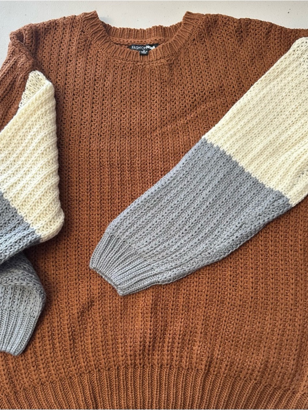 Fashion Nova Rust Colorblock Knit Sweater with Cream & Gray Sleeves